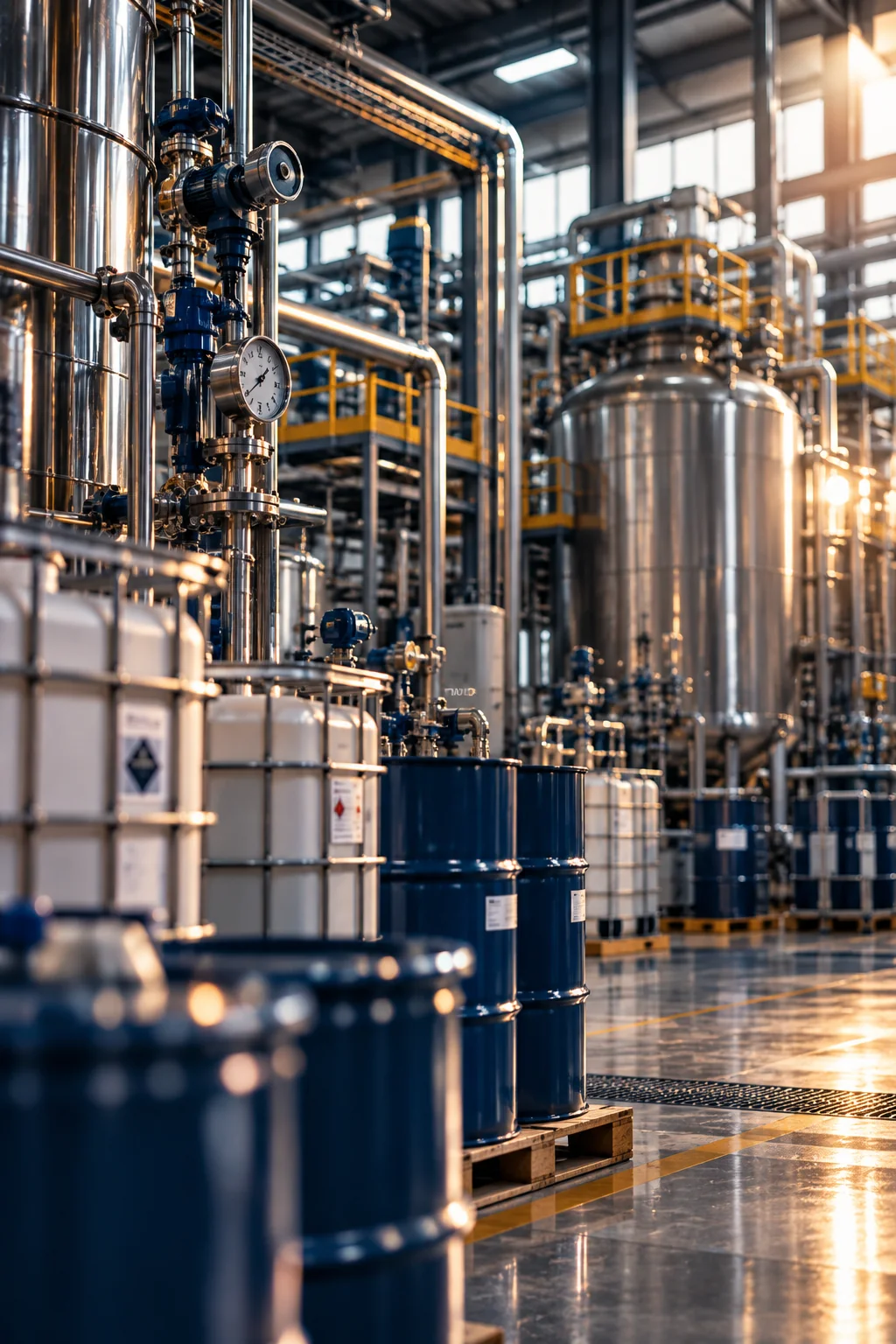 Procurement en industria química — planta de procesos con tanques y tuberías