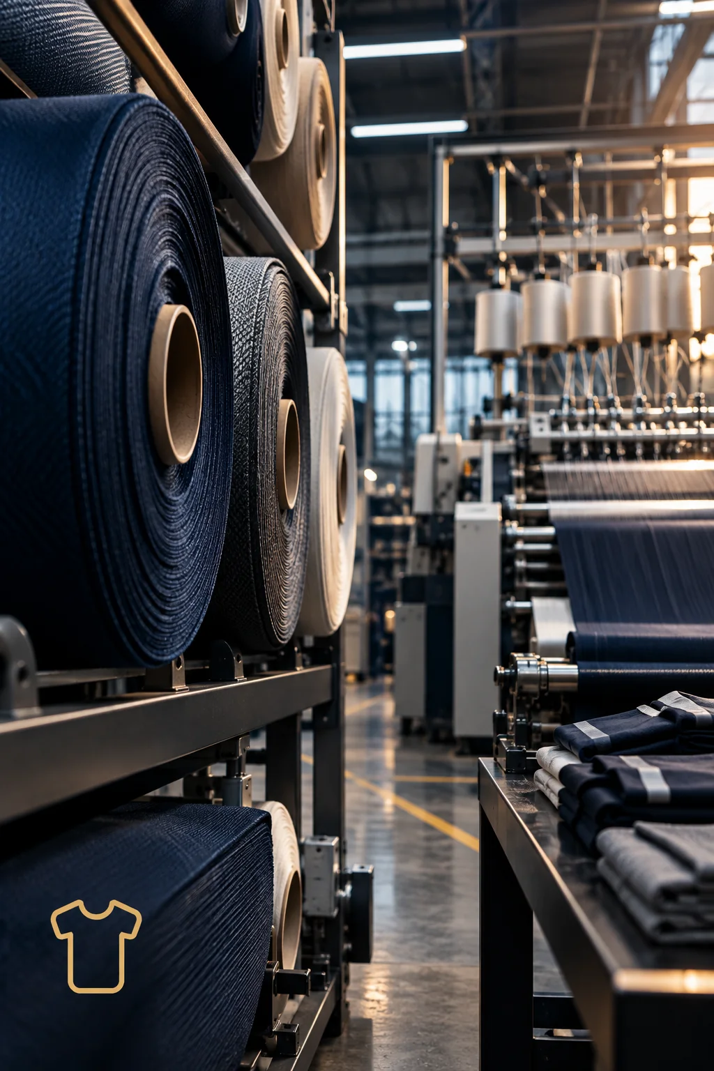 Procurement en industria textil — rollos de tela en planta de producción