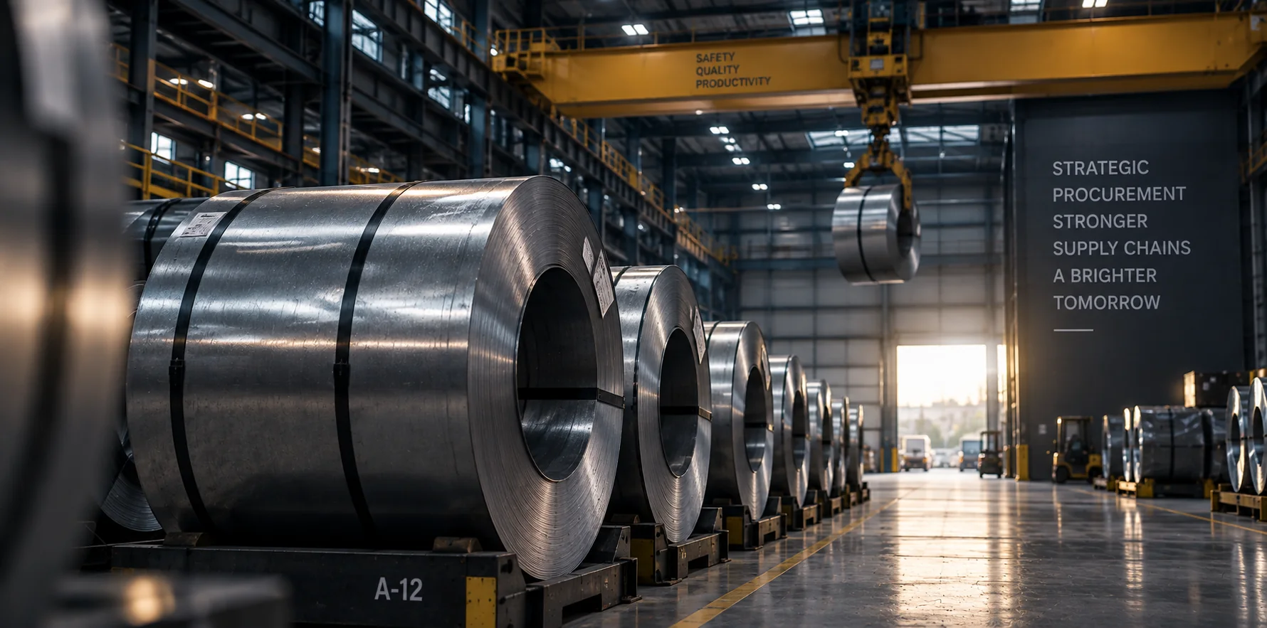 Procurement industrial — bobinas de acero en planta de manufactura